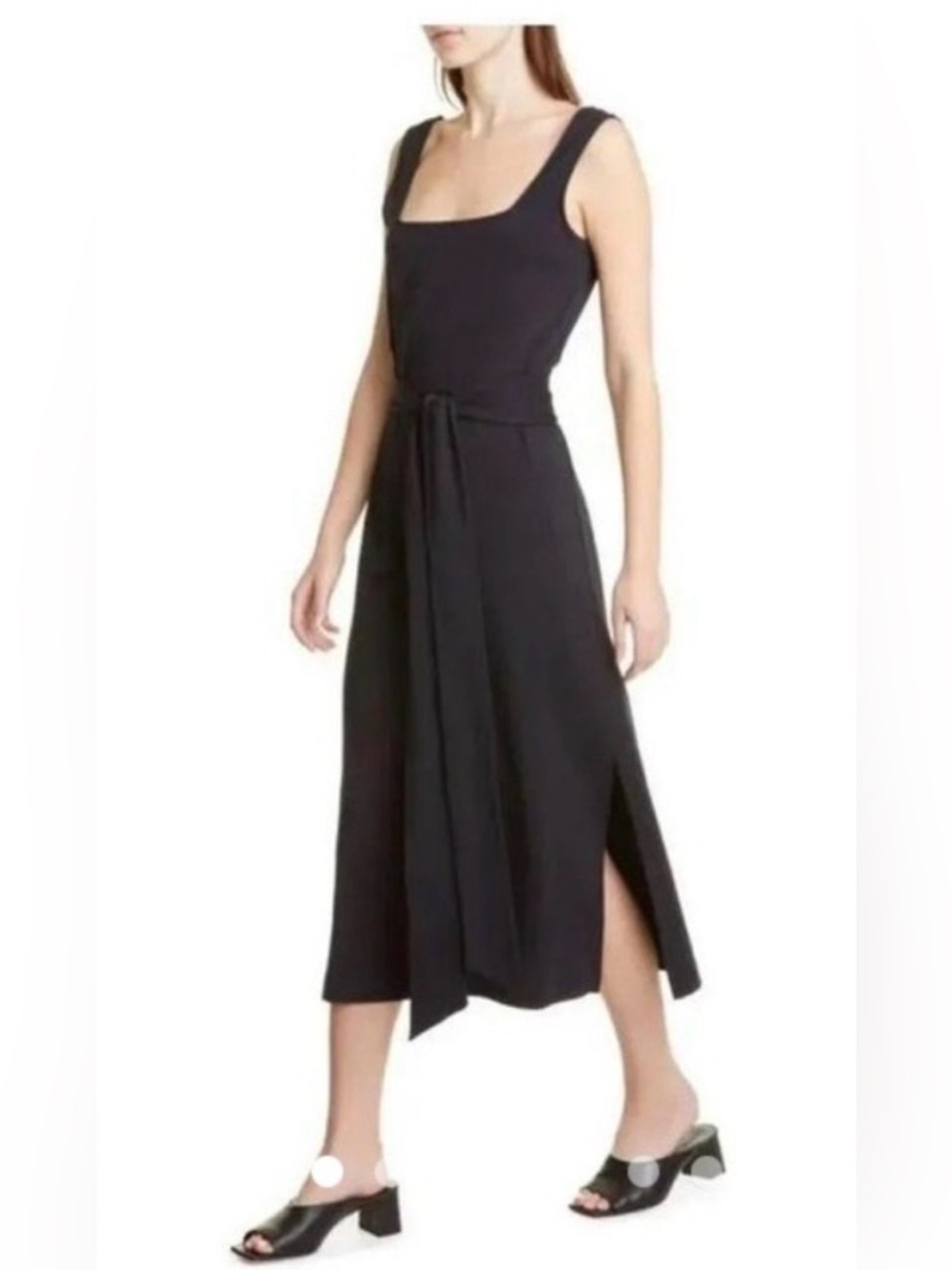 Vince Black Midi Belted Sleeveless Dress